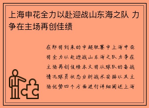 上海申花全力以赴迎战山东海之队 力争在主场再创佳绩