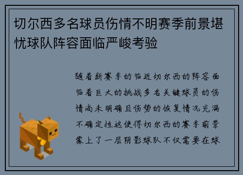 切尔西多名球员伤情不明赛季前景堪忧球队阵容面临严峻考验