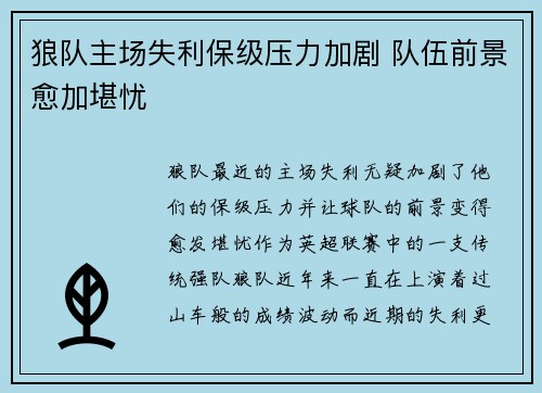 狼队主场失利保级压力加剧 队伍前景愈加堪忧