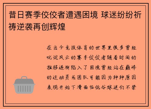昔日赛季佼佼者遭遇困境 球迷纷纷祈祷逆袭再创辉煌