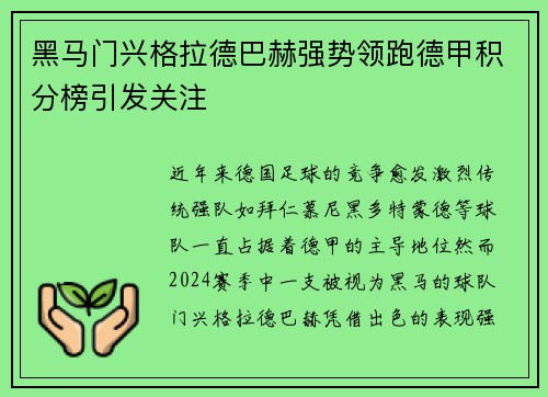黑马门兴格拉德巴赫强势领跑德甲积分榜引发关注