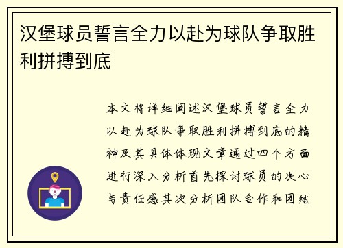 汉堡球员誓言全力以赴为球队争取胜利拼搏到底